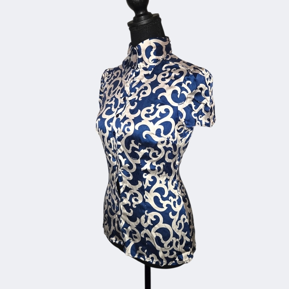 Y2k Bebe Blue and White Silk Top ! - Picture 3 of 8